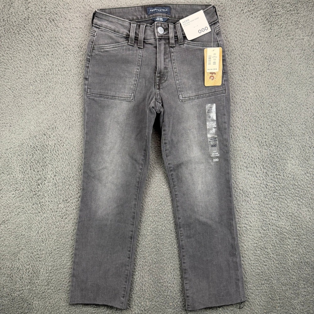 Aeropostale Mid Rise Kick Crop Jeans Grey Dark Wash Raw Hem Size 000R 1392